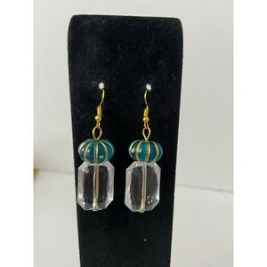 Gold striped Teal globe and clear bead earrings
